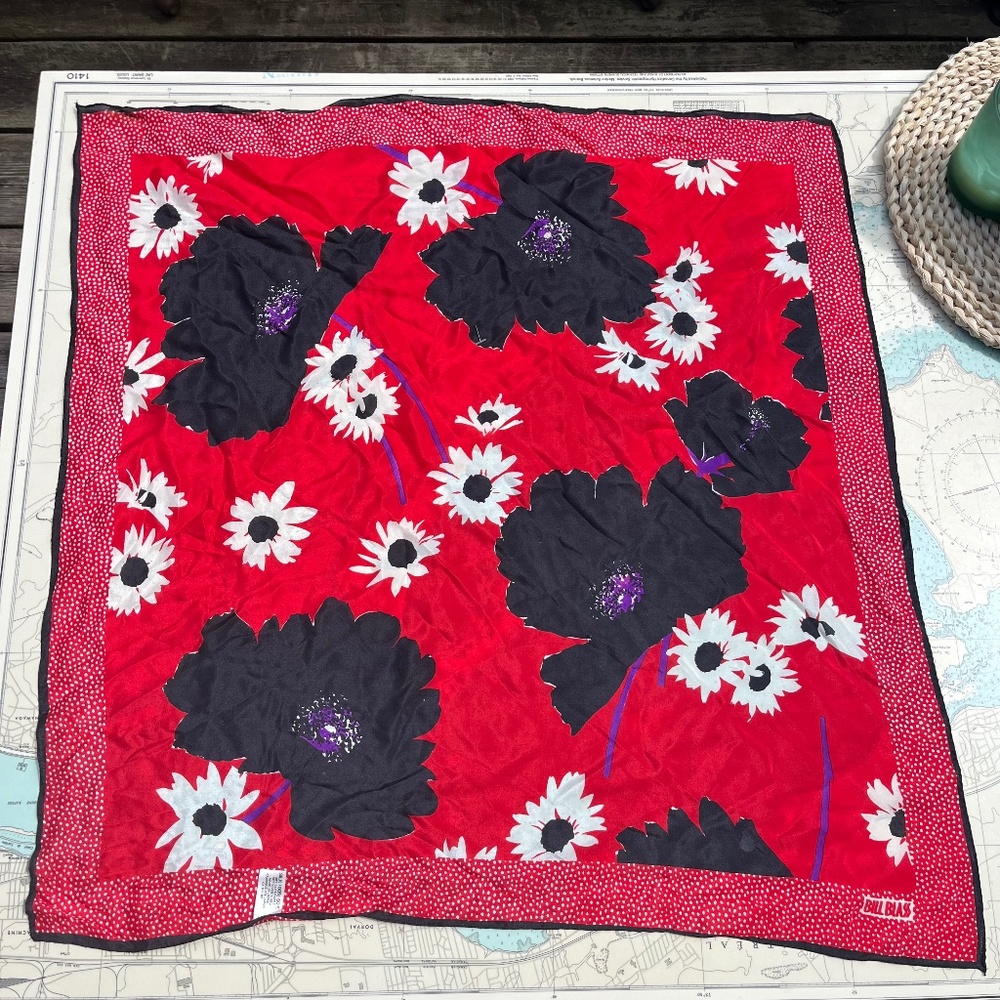 Bill blass Red Square Silk Scarf with Black and White Blooms